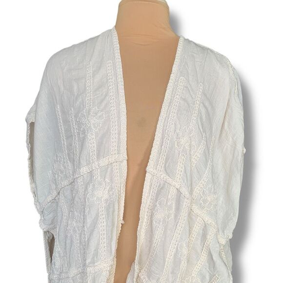 Chico’s White Embroidered Boho Floral Kimono Open Front Drape Cardigan One Size - Picture 9 of 11